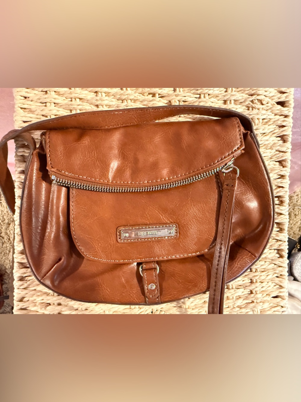Nine West Tan Leather Crossbody Bag with Front Flap